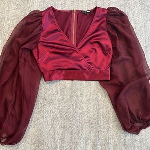 Women’s Fashion Nova Burgundy Long Sleeve Wrap Crop Blouse